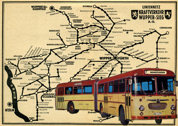 Streckenplan der wupsi 1951-52 und ein Gelenkwagen 1955 (Foto: Slg. R. Braun)